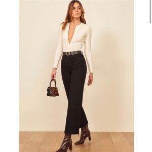 Reformation Jeans Stretch Flood Black Jeans Size 24 Wide Leg Raw Hem High Waist